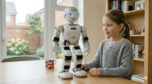 A photorealistic 4K close-up of a sleek white and silver humanoid robot toy standing on a wooden table in a sunlit UK living room, alongside the 8 year old British girl from the hero image.