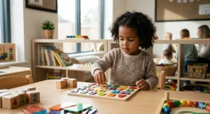 A young child's hands carefully placing a chunky wooden 'A' block into a matching colourful alphabet puzzle, illustrating an educational toy for a 3 year old.