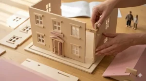 Illustration showing the easy slot-together assembly process of a sturdy wooden dollhouse for children.