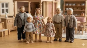 A six-piece wooden dollhouse family set including parents, children, and grandparents in traditional British-style clothing.