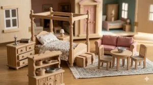 Detailed set of miniature wooden dollhouse furniture including a tiny sofa, kitchen units, and a four-poster bed.
