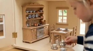Interior view of a wooden dollhouse kitchen featuring a tiny range cooker and a miniature breakfast table.