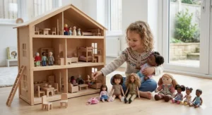 A large wooden dollhouse featuring a family of small dolls and miniature furniture.