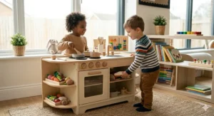 Two young children happily sharing a beautifully detailed wooden play kitchen with wooden pots and pans, highlighting social development and educational role play.