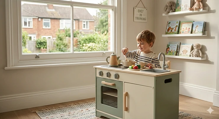 A young child playing with a sustainable wooden toy kitchen for 3 year olds in a bright UK playroom. toy kitchen for 3 year old