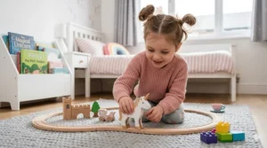 A 5 year old British girl with messy hair buns kneeling on a grey rug and playing with a collection of detailed wooden unicorn toys.