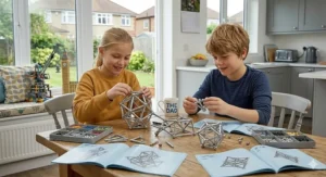 A 10 year old boy and girl collaborating on an advanced geometric magnetic construction toy, building a detailed interlocking molecular-like structure of chrome rods and spheres, in a light-filled UK kitchen.
