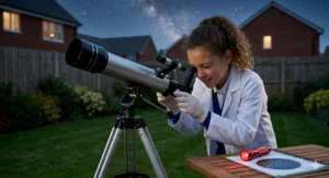 A young astronomer using a telescope in a garden at night under a starry sky, wearing a lab coat and using a red torch to read a star chart.
