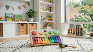 A mini electronic keyboard with colour-coded keys, perfect for a 4-year-old learning basic notes.