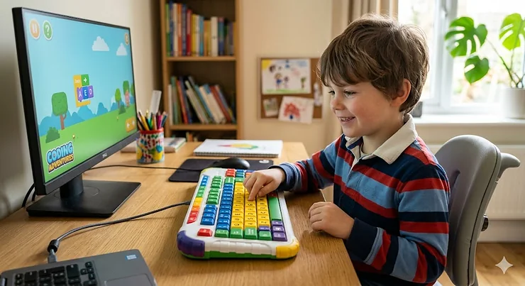 A young British child using a colourful, ergonomic computer keyboard designed for 6-year-olds at a desk in a natural light setting. keyboard for kids age 6