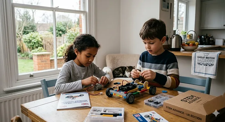 A young boy and girl in a bright living room working together to assemble a motorised bridge from one of the best engineering kits for 8 year olds. engineering kits for 8 year olds