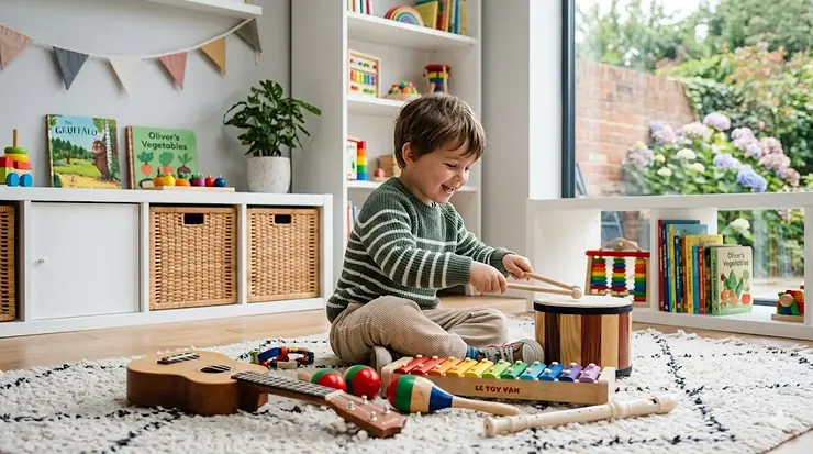 A happy 4-year-old child sitting on a colourful rug playing a wooden xylophone and a small drum set in a bright UK playroom. musical instruments for 4 year old