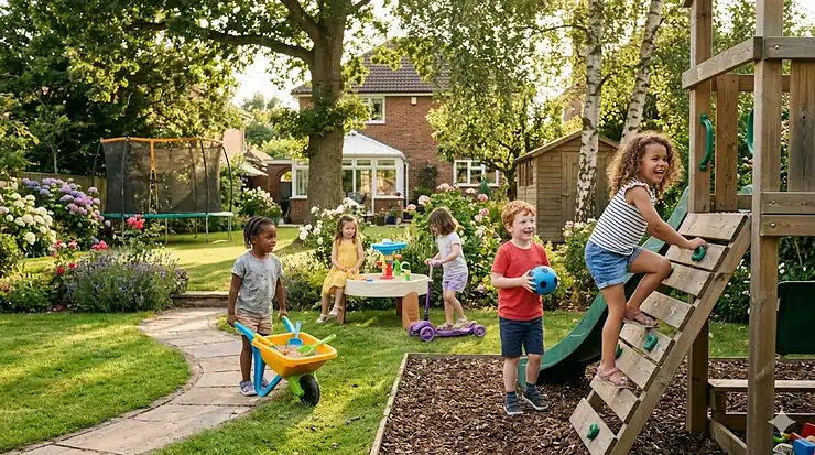 A group of five-year-old children playing with various garden toys, including a climbing frame and water table, in a sunny British back garden. outdoor toys for 5 year old