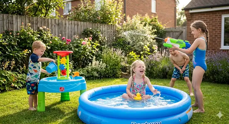 A group of children playing with various water play toys for summer in a sunny British garden, including a paddling pool and water table. water play toys for summer