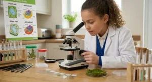 A close-up of a 10-year-old girl using a professional-style microscope to study plant cells, with a biology poster and specimen slides on a wooden desk.
