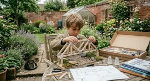 A child carefully assembling a wooden truss bridge model using a civil engineering kit designed for Key Stage 2 learners.