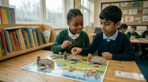 Children practicing mental maths and change-making using British pound coins and notes at a classroom tuck shop roleplay station.