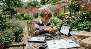 A primary school aged boy using a tablet to programme a small wheeled robot on a wooden garden table.