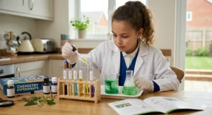A young girl in a lab coat using a pipette to add yellow liquid to test tubes from a chemistry set, with a Chemistry Experiments box on a wooden kitchen table.