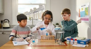 Illustration showing how chemistry sets for kids align with the UK National Curriculum for KS2 and KS3 science, focusing on states of matter and chemical reactions.