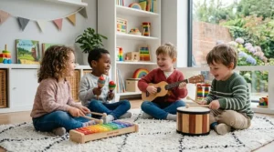 A group of 4-year-old friends in a UK nursery setting playing various musical instruments in a circle.