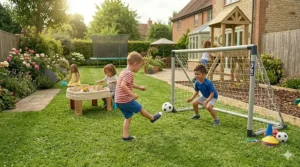 Two young boys playing with a portable football goal and ball on a manicured British lawn.