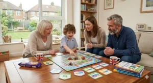 A British family sitting around a coffee table playing a competitive coding board game that teaches sequencing and if-then logic.