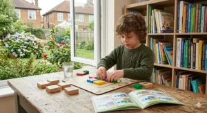 A coding toy being used alongside maths flashcards to help Year 1 students understand counting and spatial awareness.