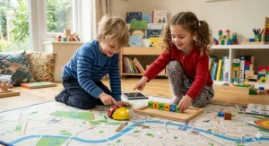 Two 6-year-old girls working together to debug a path for a small motorised ladybird robot on a map of London.