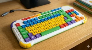 A top-down view of a kid's keyboard featuring colour-coded vowels and consonants to help Year 1 and 2 students.