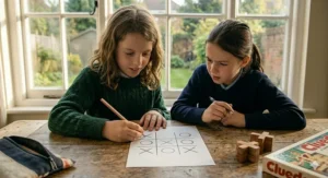 A complex 2D maze illustration serving as a spatial awareness brain teaser for nine-year-old children.