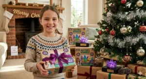 A crystal growing kit presented as a birthday gift, perfect for curious kids and budding British scientists.
