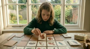 Hand-drawn clues and keys for a DIY home escape room, a popular brain teaser game for 9 year olds in the UK.