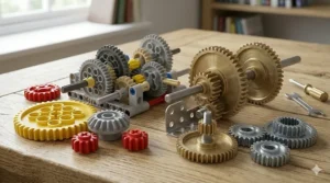 Detailed close-up showing colourful plastic LEGO Technic gears and bevels meshed in a planetary assembly next to a group of solid brass Meccano gears on a steel axle and loose zinc-plated gears.