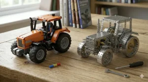 Photorealistic detailed close-up contrasting a smooth, studless orange LEGO Technic tractor with an industrial, perforated zinc-plated steel Meccano tractor model on a rustic oak table.