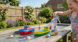 Educational water play toys for summer featuring floating toy boats and manual water pumps.