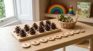 Natural counting materials including pine cones and wooden numerals, popular in UK forest school early years settings.