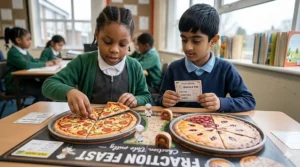 A fraction feast maths game using realistic pizza illustrations to teach 7 year olds about halves, quarters, and thirds.