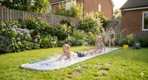 A long garden water slide with built-in sprinklers laid out on green grass for summer cooling.