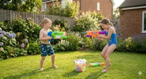 Two children holding colourful high-capacity water blasters during a summer garden water fight.