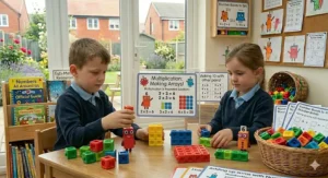 A parent and toddler using Numberblocks toys and activity sheets for home learning maths sessions in a British living room.