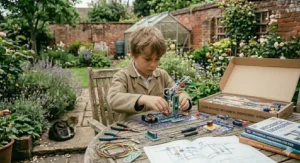 A detailed shot of a child building a mechanical hydraulic arm project outdoors on a sunny day.