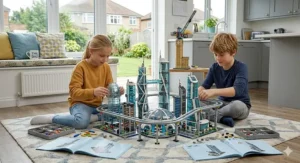 A 10 year old boy and girl collaborating on a large, intricate, multi-level futuristic city skyline construction model, filled with detailed glass-and-steel skyscrapers, sky-bridges, and tiny transit systems, set in a light-filled UK living room.