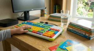 A child's keyboard placed next to UK primary school workbooks, ideal for Key Stage 1 literacy and ICT lessons.