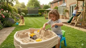 A young boy building sandcastles at a garden play station, a popular outdoor toy for 5-year-olds.