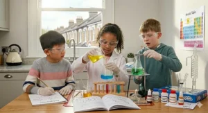 Illustration of kitchen chemistry experiments using a chemistry set for kids with household items like bicarbonate of soda and malt vinegar to teach pH levels.