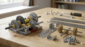 Detailed close-up showing a complex LEGO Technic gearbox made from colourful plastic gears and beams, contrasted with a cluster of classic zinc-plated Meccano steel strips, brass gears, and nuts and bolts.