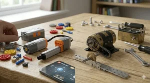 Photorealistic close-up contrasting a modern LEGO Technic Powered Up Bluetooth hub and motor with a classic Meccano 6V brass-and-black metal electric motor and battery box.