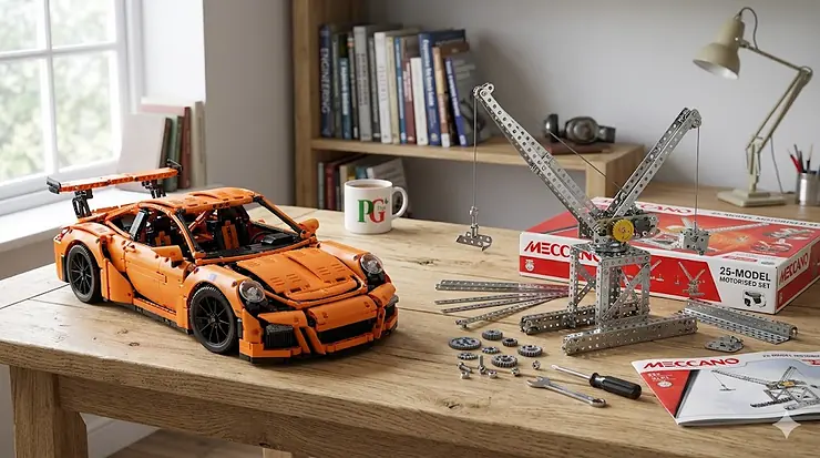 Photorealistic hero image for a LEGO Technic vs Meccano comparison article, showing a LEGO supercar and Meccano metal crane on a wooden table with soft British lighting and a tea mug. LEGO Technic vs Meccano comparison
