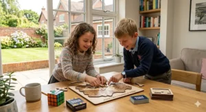 A 3D logic cube puzzle illustration representing tactile brain teaser games for 9 year olds to improve problem-solving.
